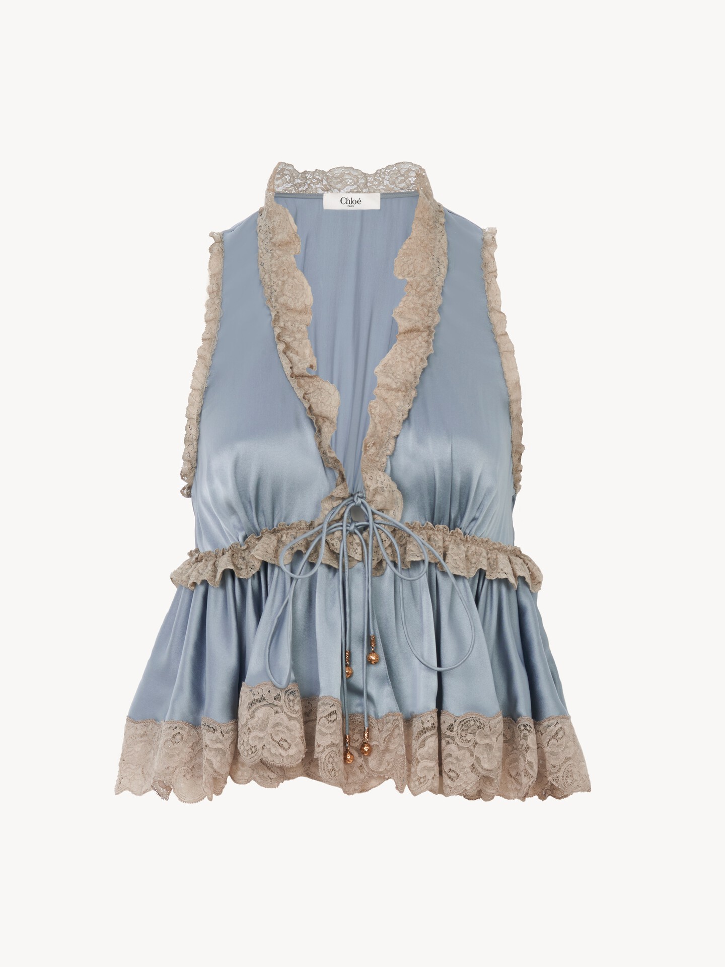 Tie-front sleeveless top in washed silk satin & lace - 2