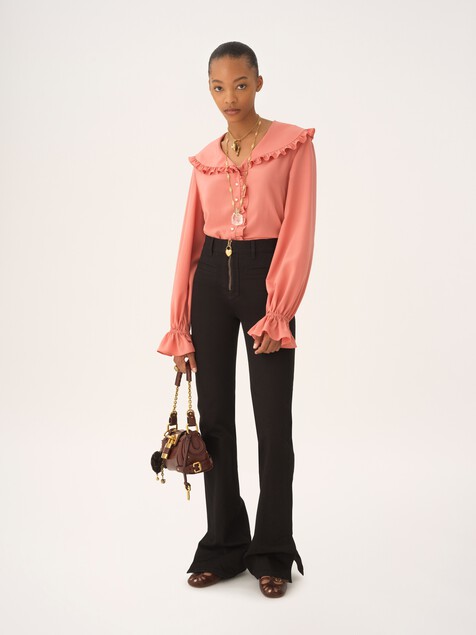 Fluid ruffled blouse in crêpe de chine