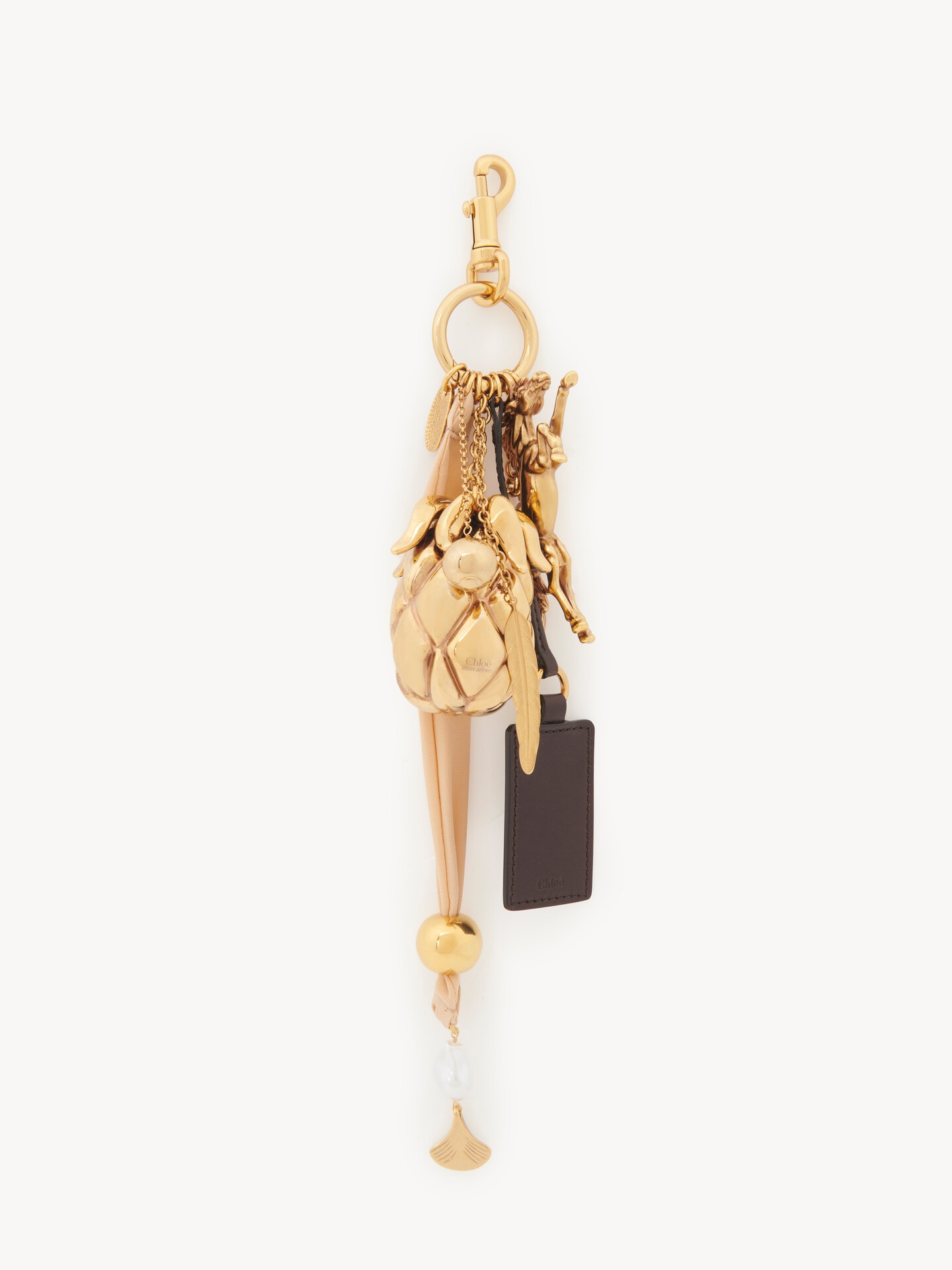 Giga pineapple bag charm in brass, leather & fabric - 4