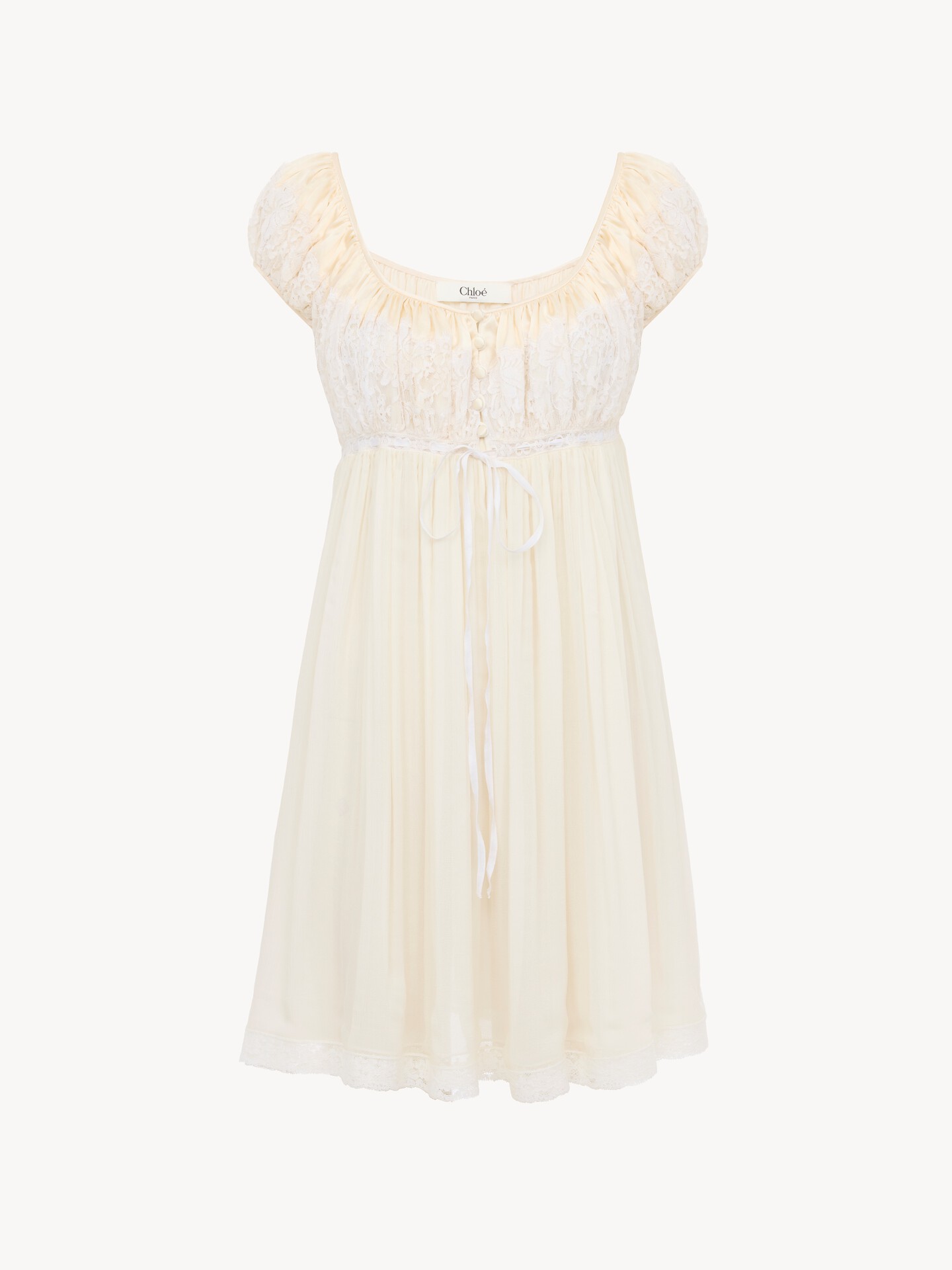 Short-sleeve mini dress in silk mousseline & lace - 2