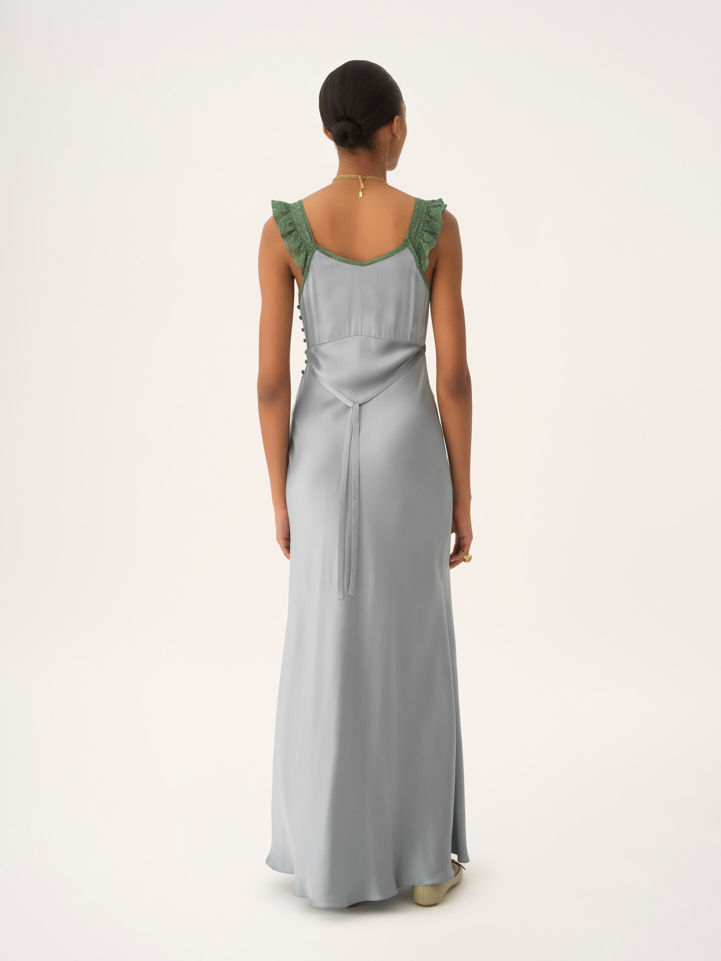 Sleeveless column dress in washed silk satin & lace - 6