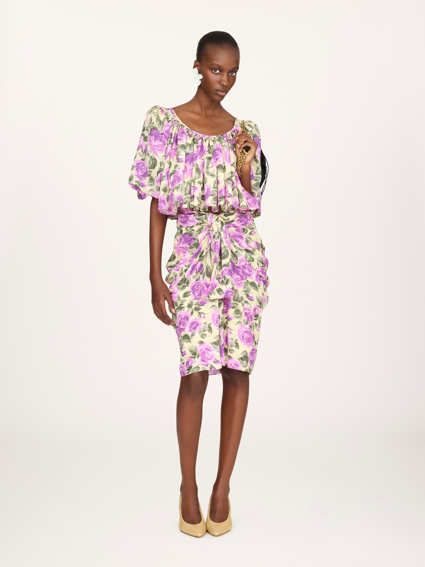 Cropped puff-sleeve top in silk jacquard - 3