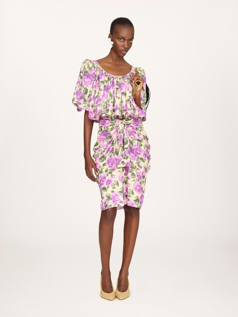Cropped puff-sleeve top in silk jacquard