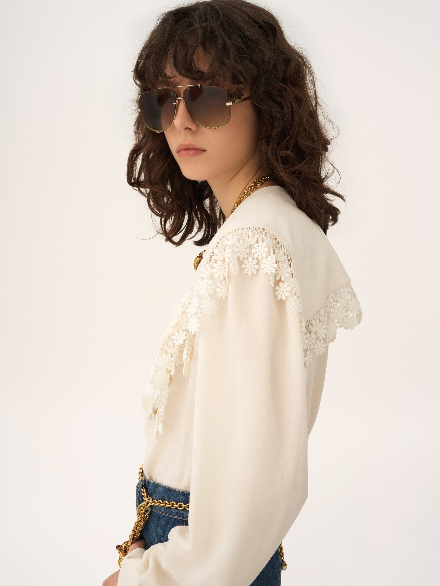 Maxi-collar blouse in silk jacquard & lace - 5