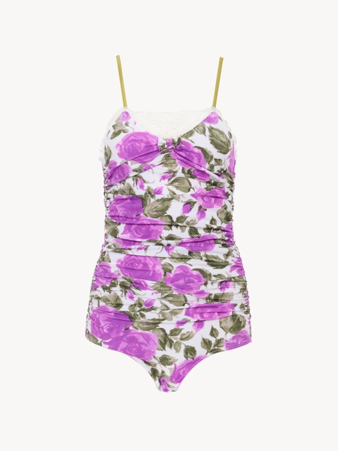 Ruched rose-print bodysuit