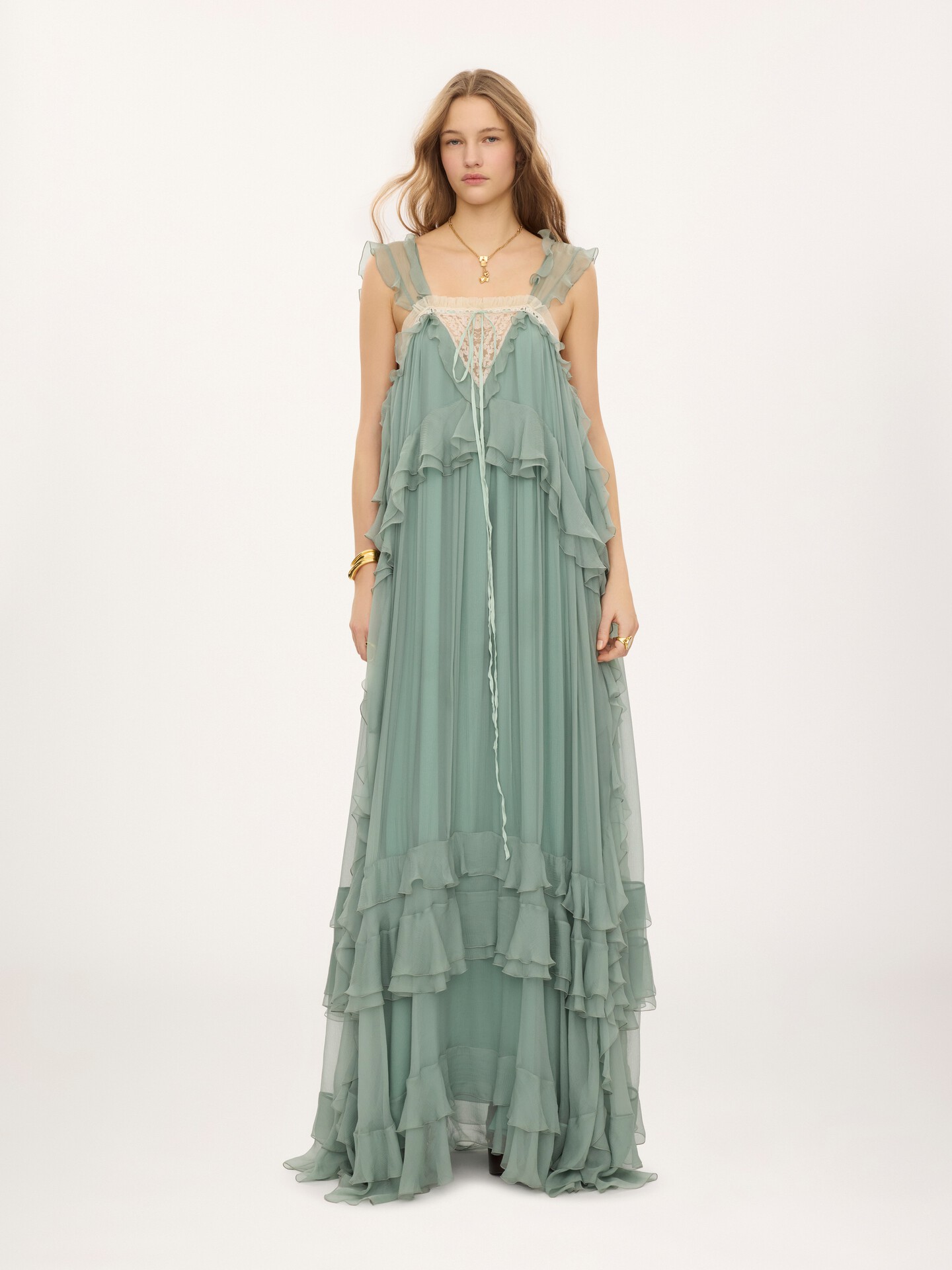 Sleeveless layered long dress in silk mousseline & lace - 3