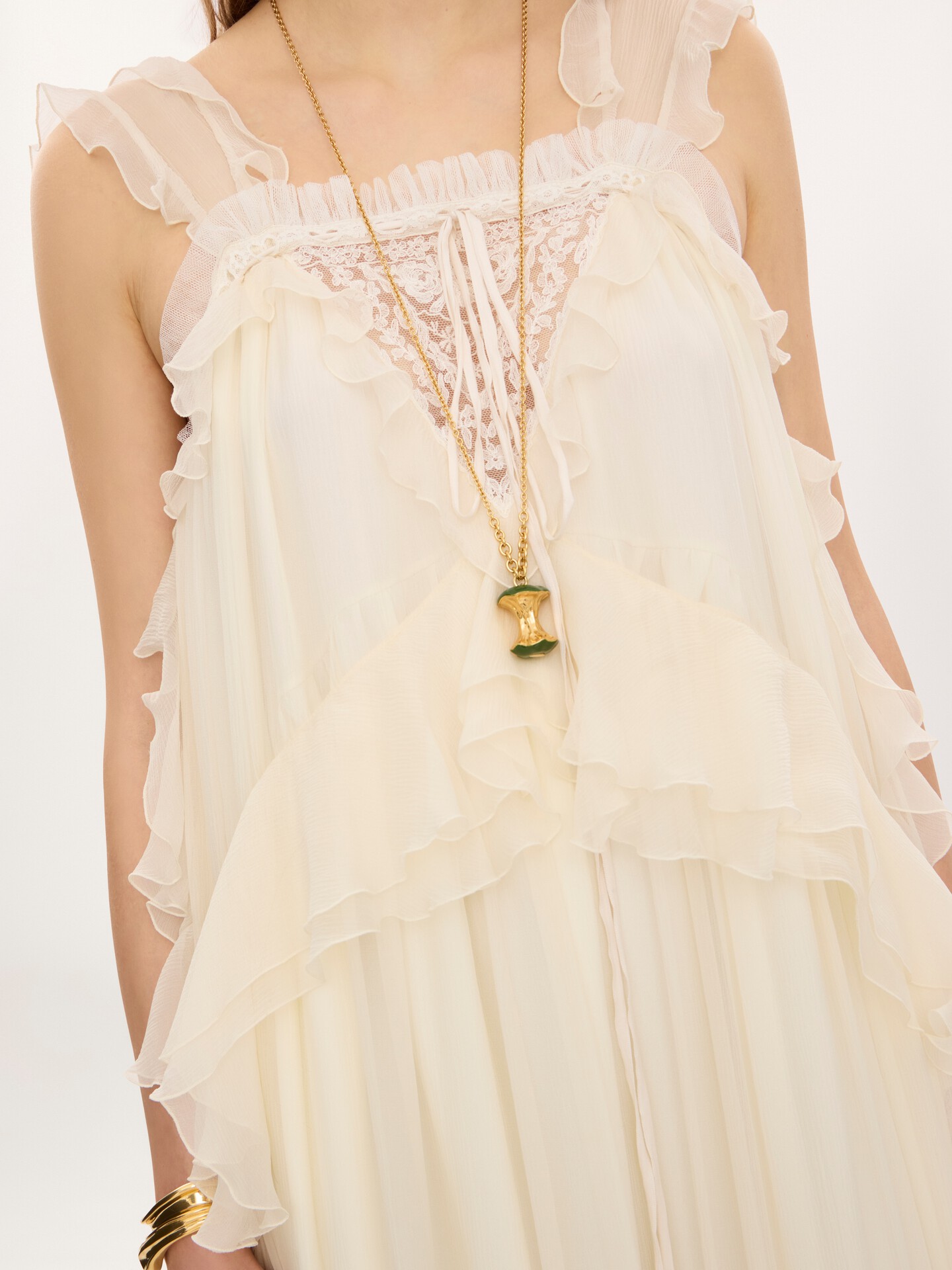 Sleeveless layered long dress in silk mousseline & lace - 6