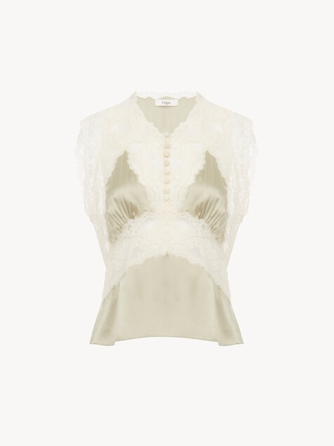 V-neck top in silk satin & lace