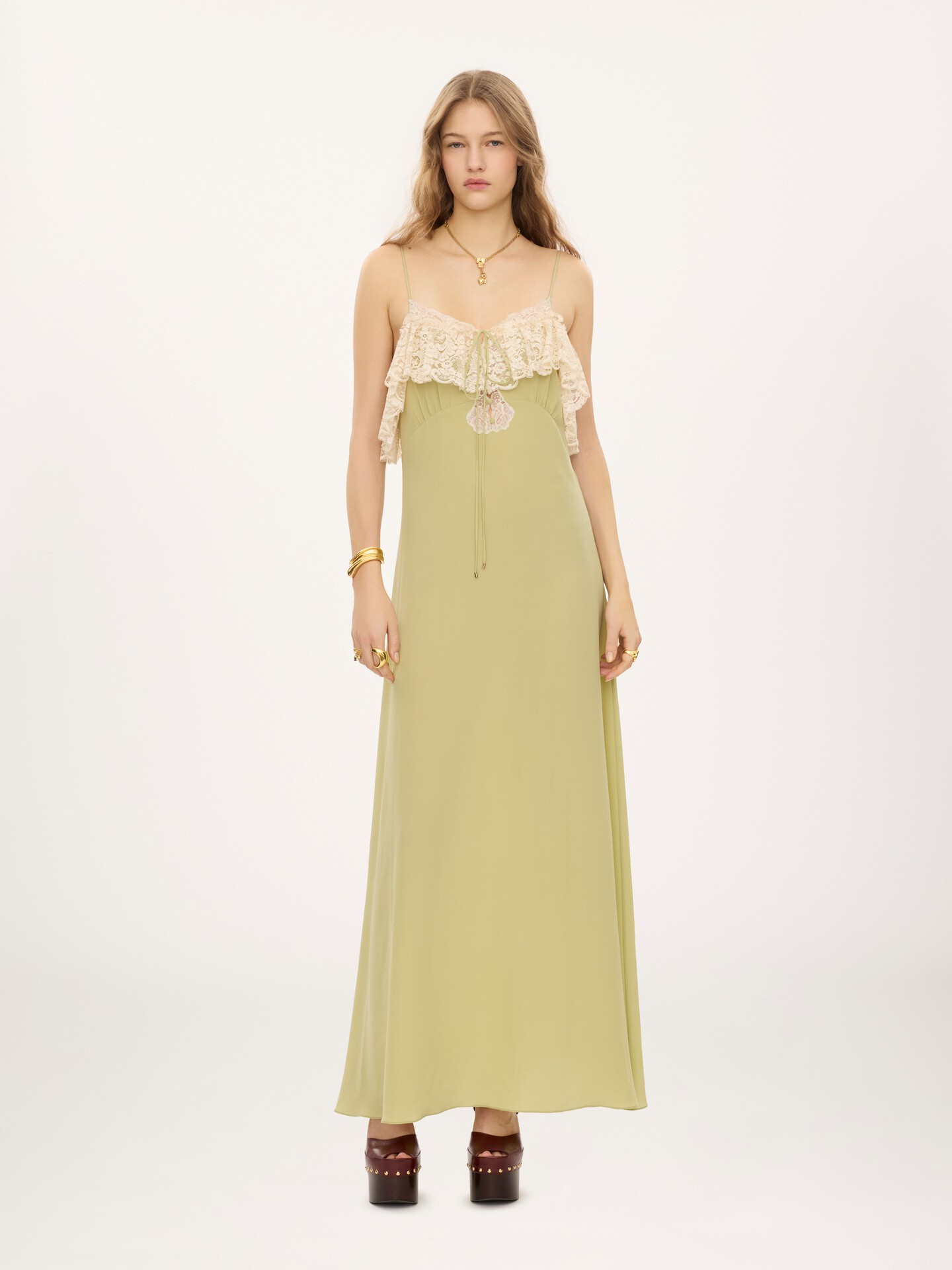 Thin-strap long dress in cr&ecirc;pe de chine & lace - 3