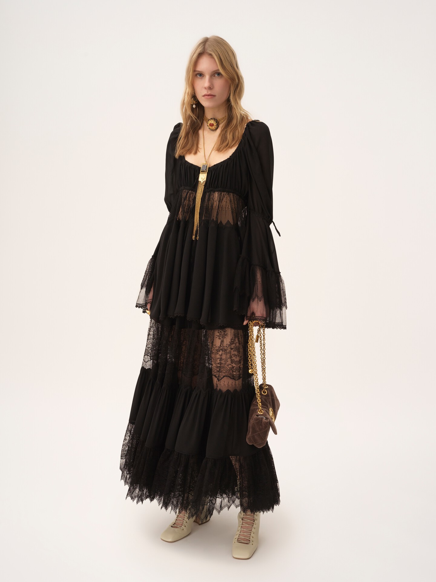 Tiered long skirt in silk georgette & lace - 4