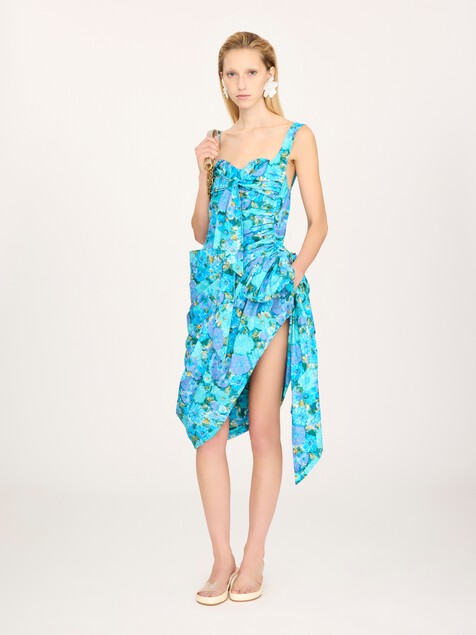 Wrap bustier midi dress in cotton poplin