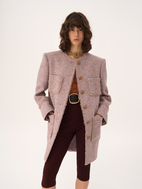 Single-breasted collarless coat in chin&eacute; wool tweed