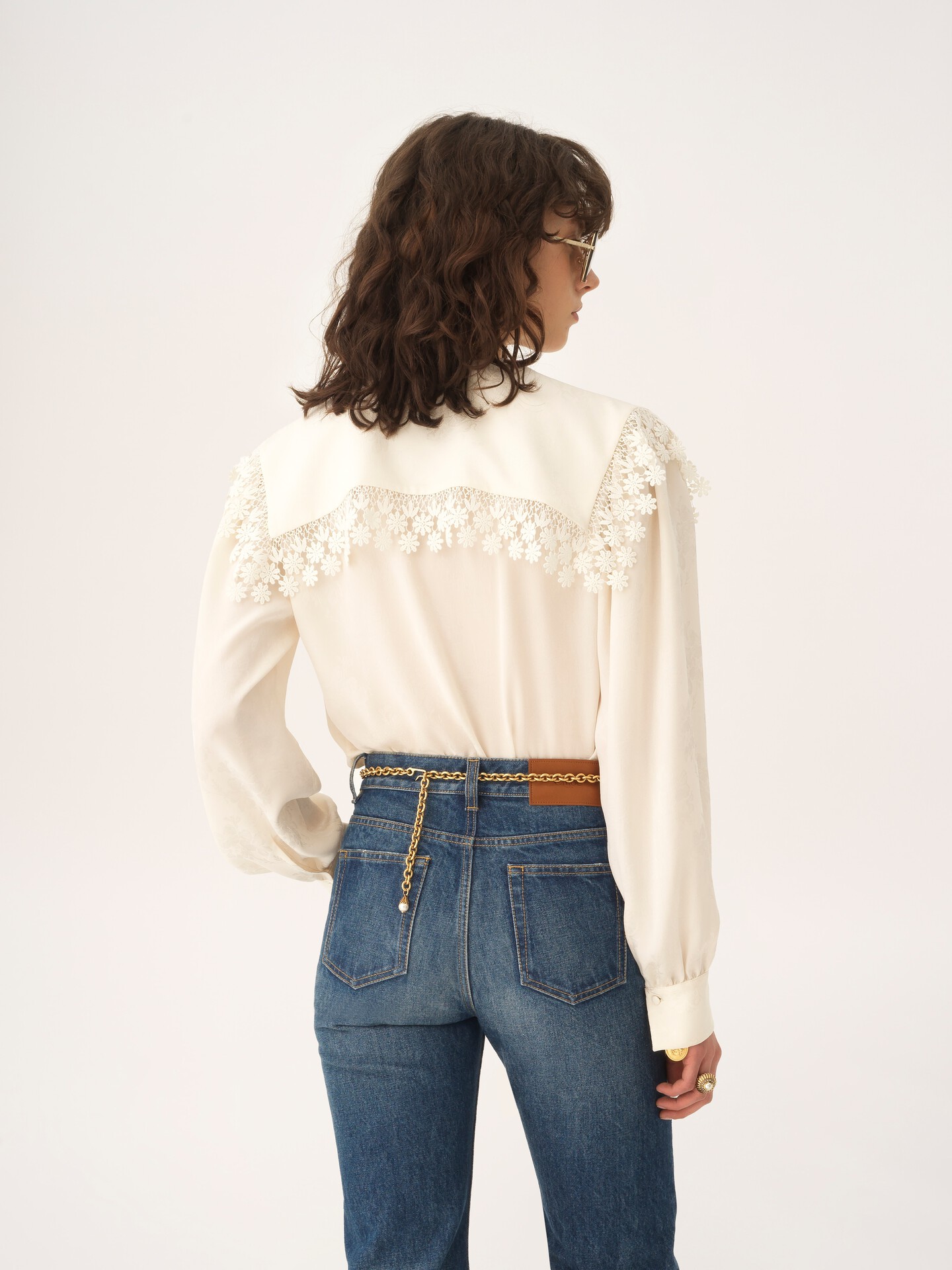 Maxi-collar blouse in silk jacquard & lace - 6
