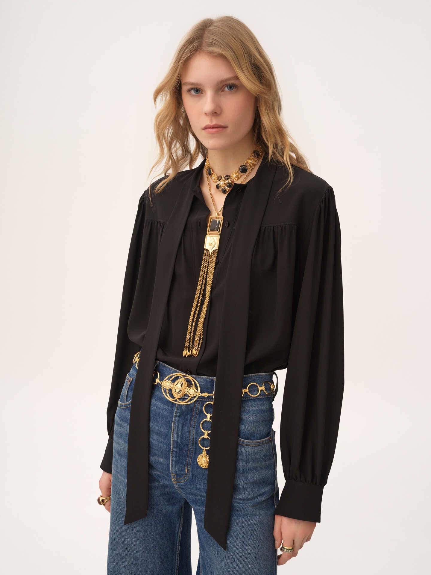 Maxi gathered lavallière blouse in crêpe de chine - 5
