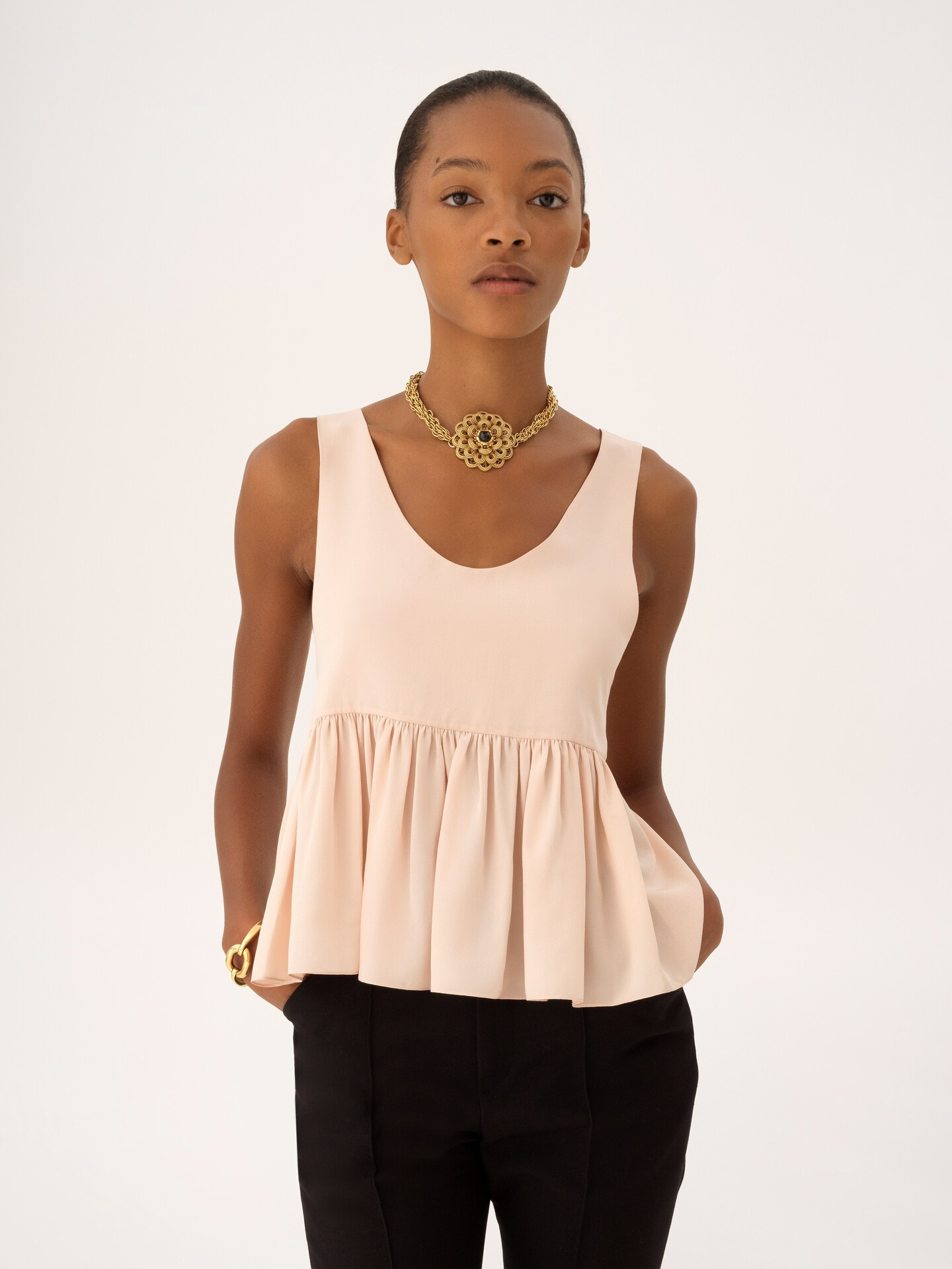 Gathered sleeveless top in cr&ecirc;pe de chine - 4