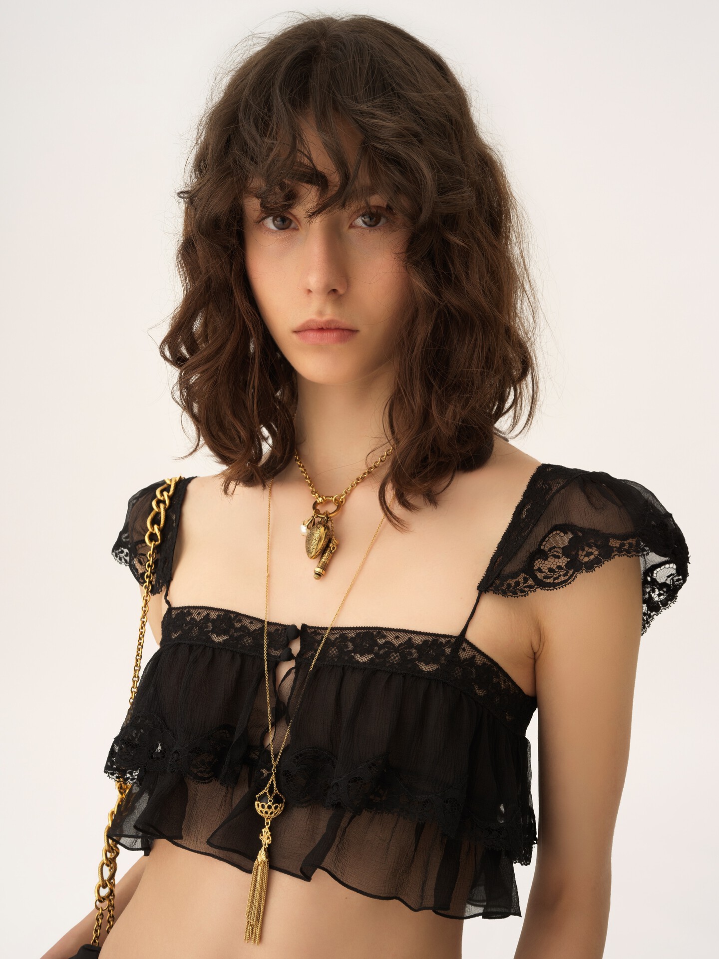 Ruffled bralette in silk mousseline & lace - 8