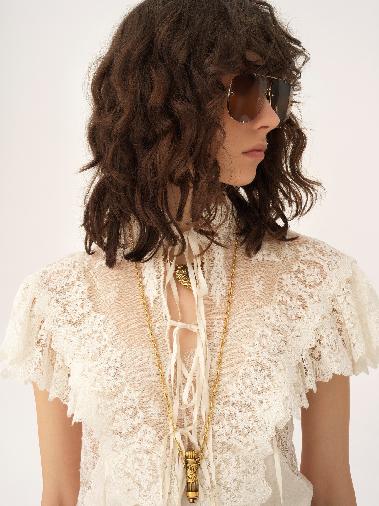 High-neck cropped top in cotton tulle & lace - 5