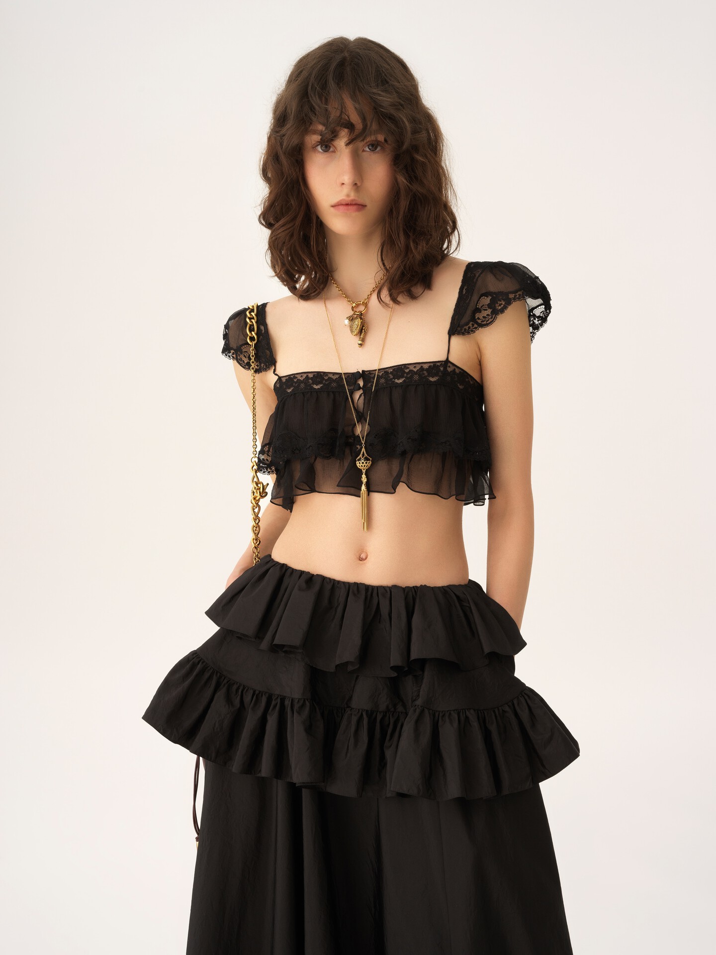 Ruffled bralette in silk mousseline & lace - 5