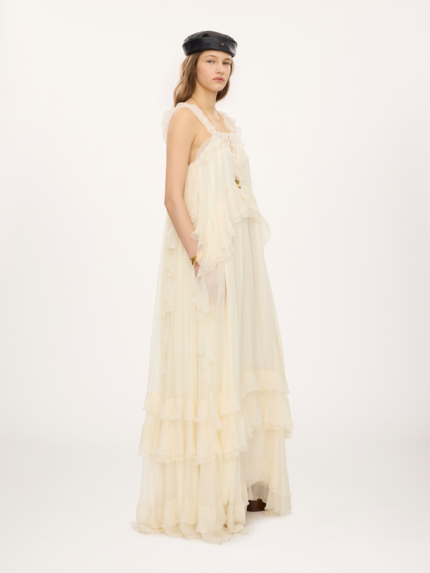 Sleeveless layered long dress in silk mousseline & lace - 4
