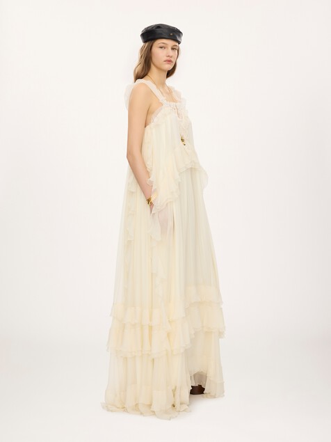 Sleeveless layered long dress in silk mousseline & lace
