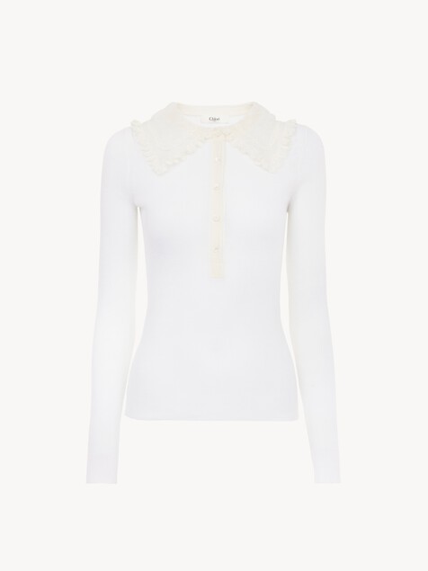 Collared Henley shirt in superfine wool knit & lace