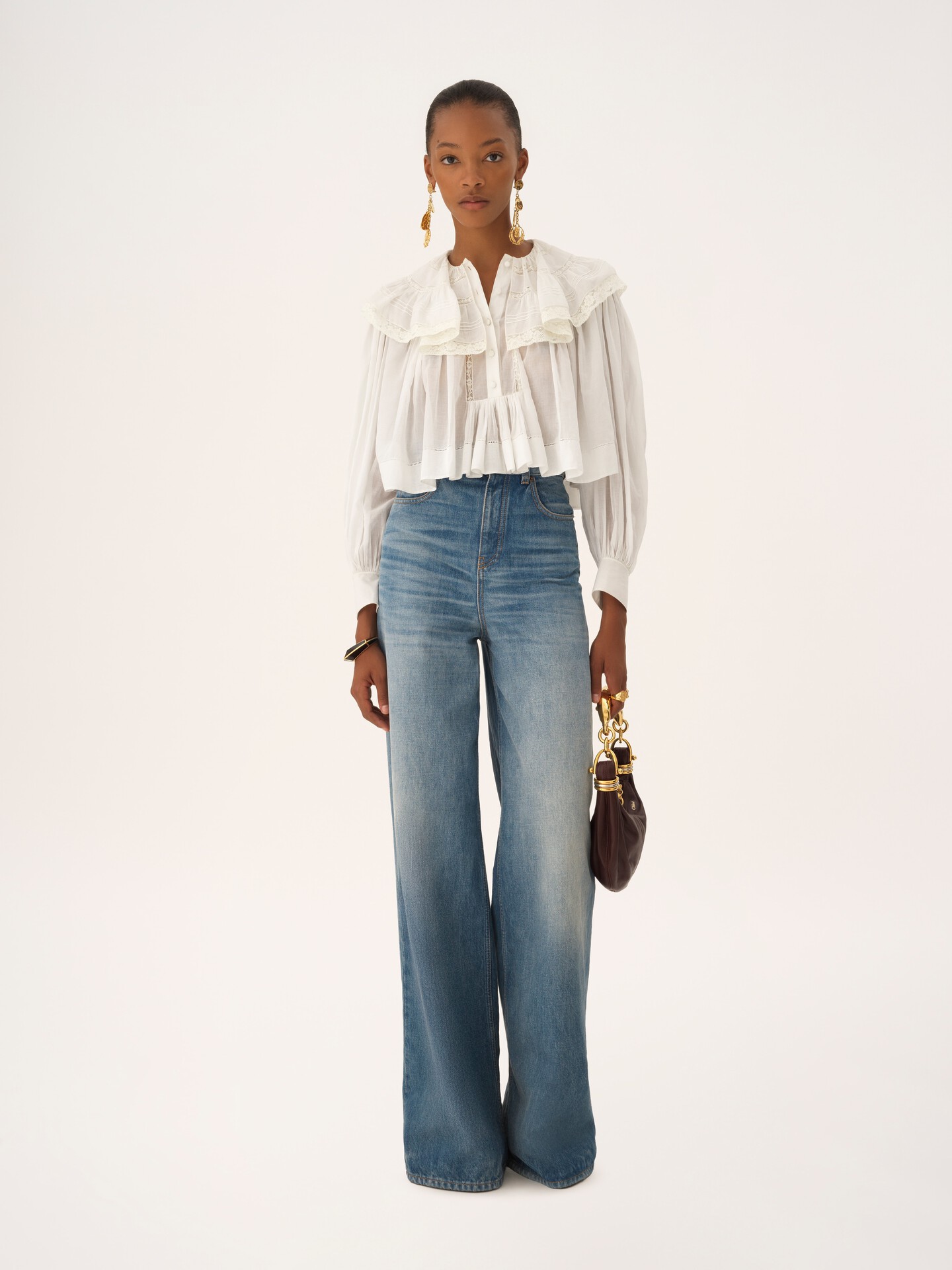 Cropped ruffled top in cotton voile & lace - 3