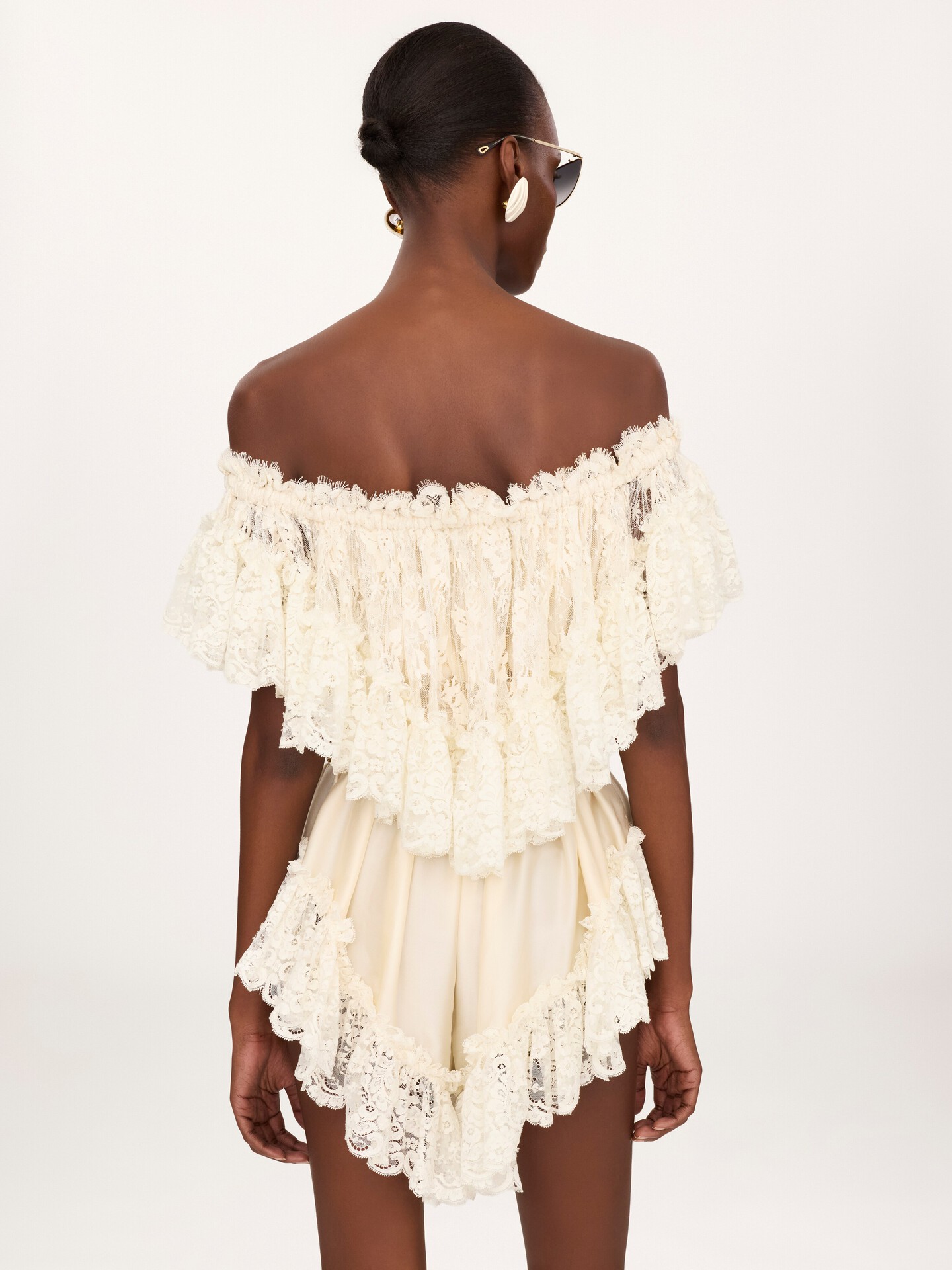 Mini off-the-shoulder playsuit in washed silk satin & lace - 5