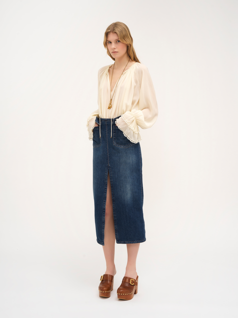 Front-slit midi skirt in denim
