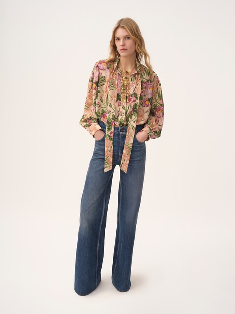 Maxi gathered lavallière blouse in crêpe de chine