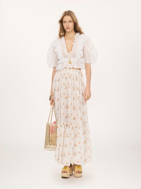 Gathered long skirt in silk charmeuse