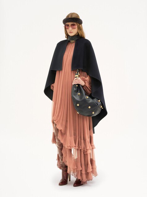 Gathered long dress in silk mousseline