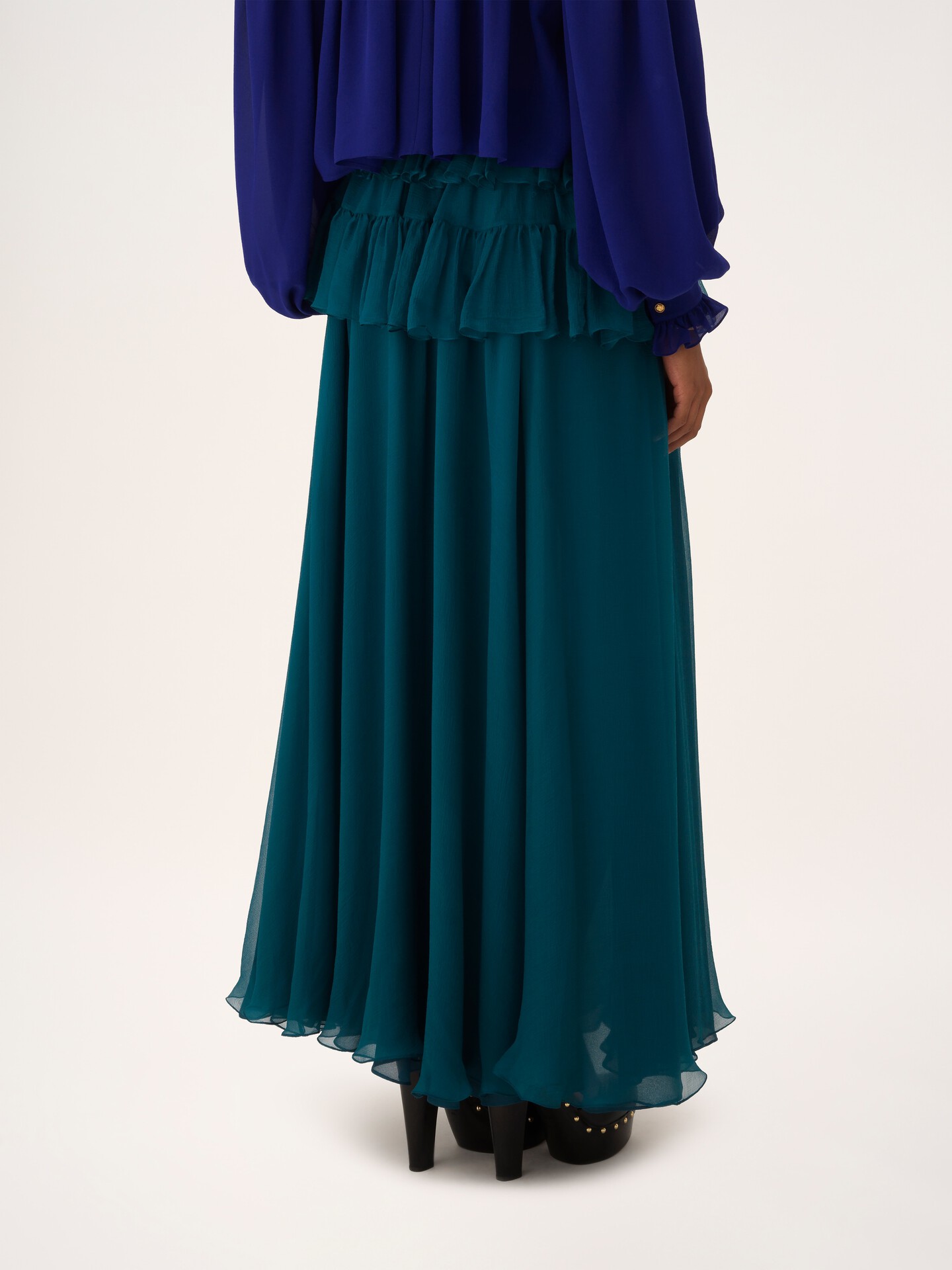 Ruffled long skirt in silk mousseline - 7