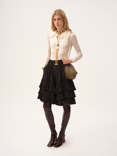 Collared Henley shirt in superfine wool knit & lace