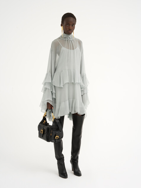 Mini ruffled dress in silk mousseline