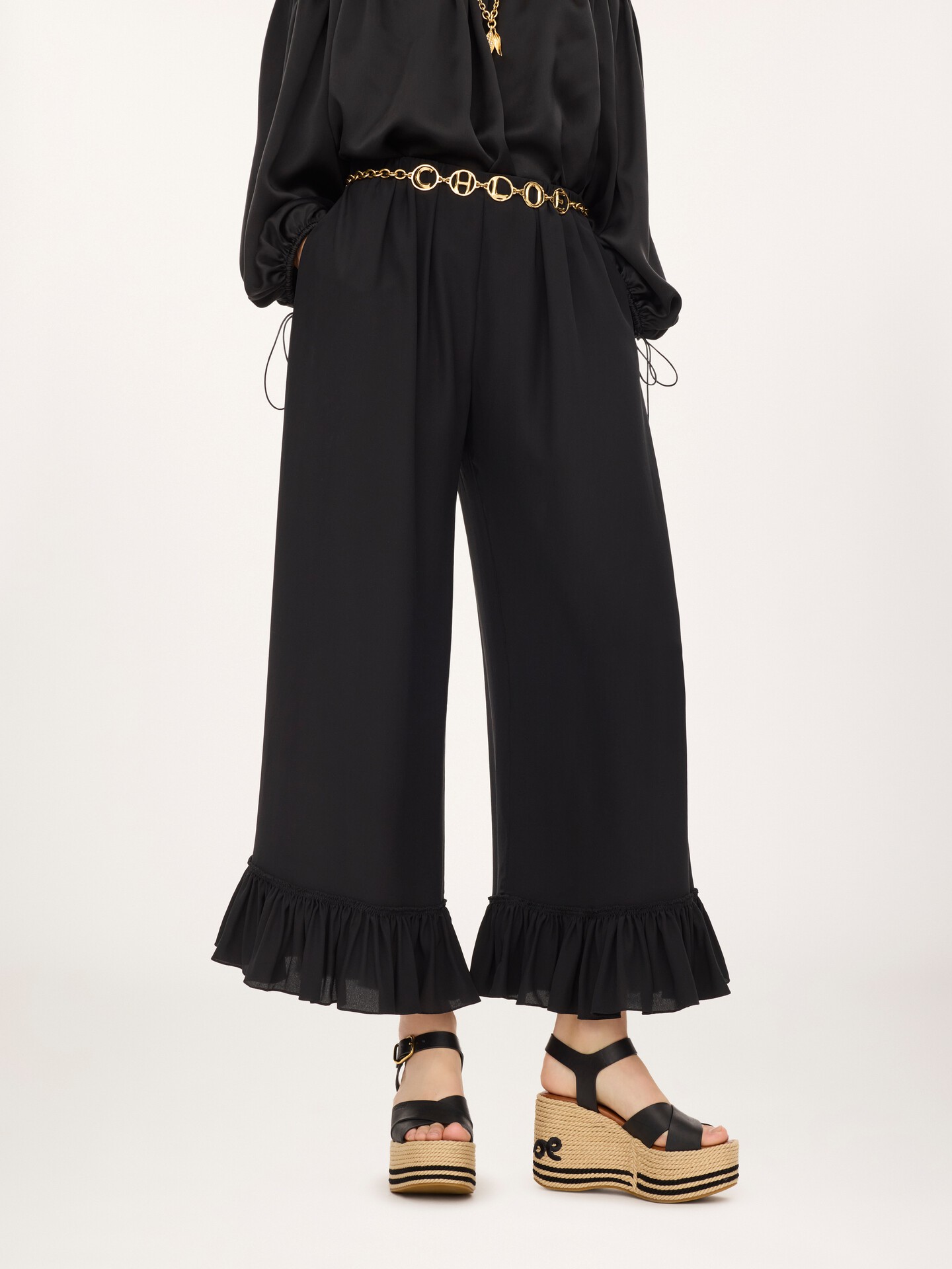 Cropped fluid trousers in cr&ecirc;pe de chine - 5