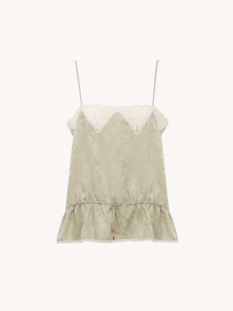 Drawstring camisole top in silk jacquard & lace
