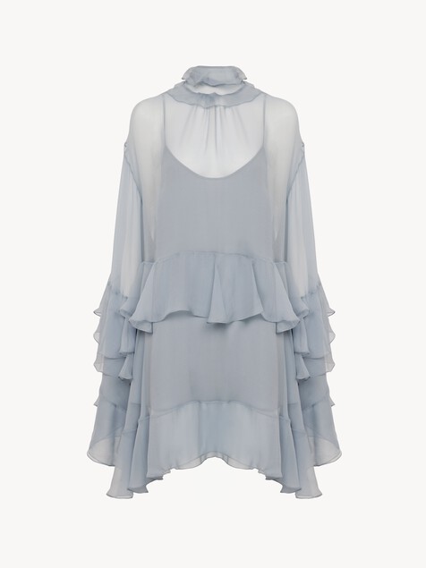 Ruffled mini dress in silk mousseline