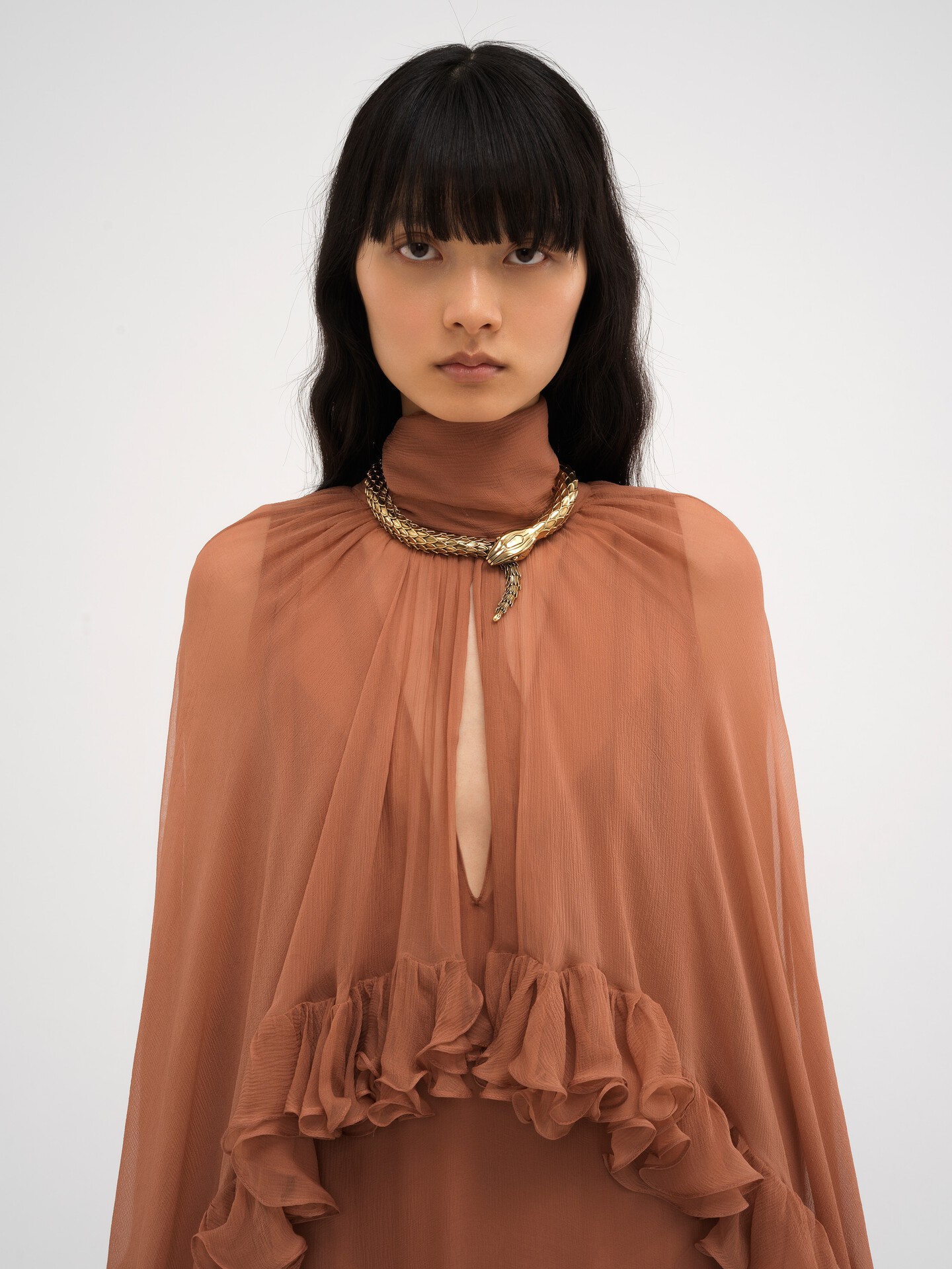 Mock-neck ruffle dress in silk mousseline - 4
