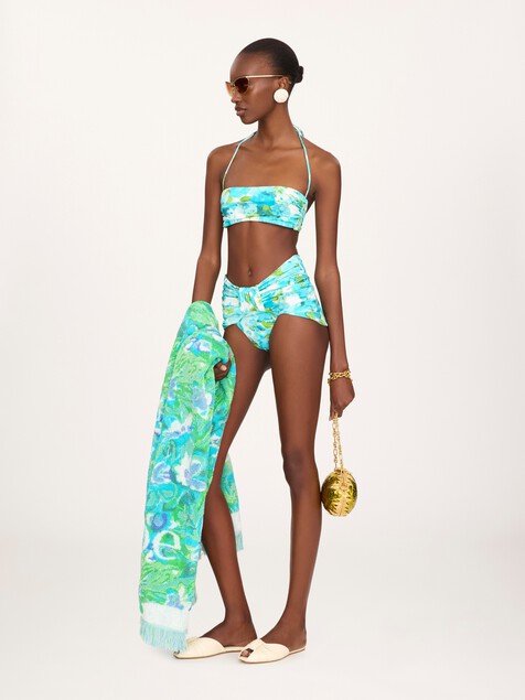 Aqua flower-print halterneck bikini top