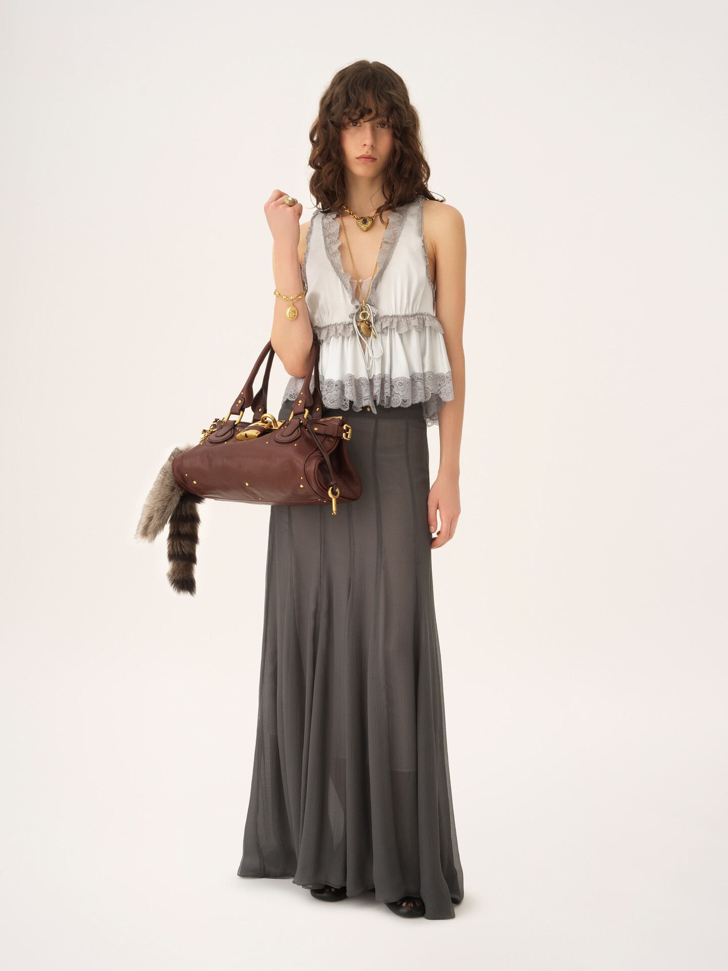 Tie-front sleeveless top in washed silk satin & lace - 3
