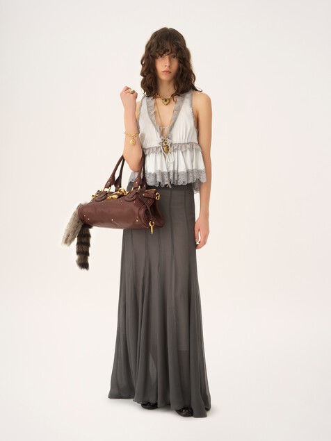Tie-front sleeveless top in washed silk satin & lace