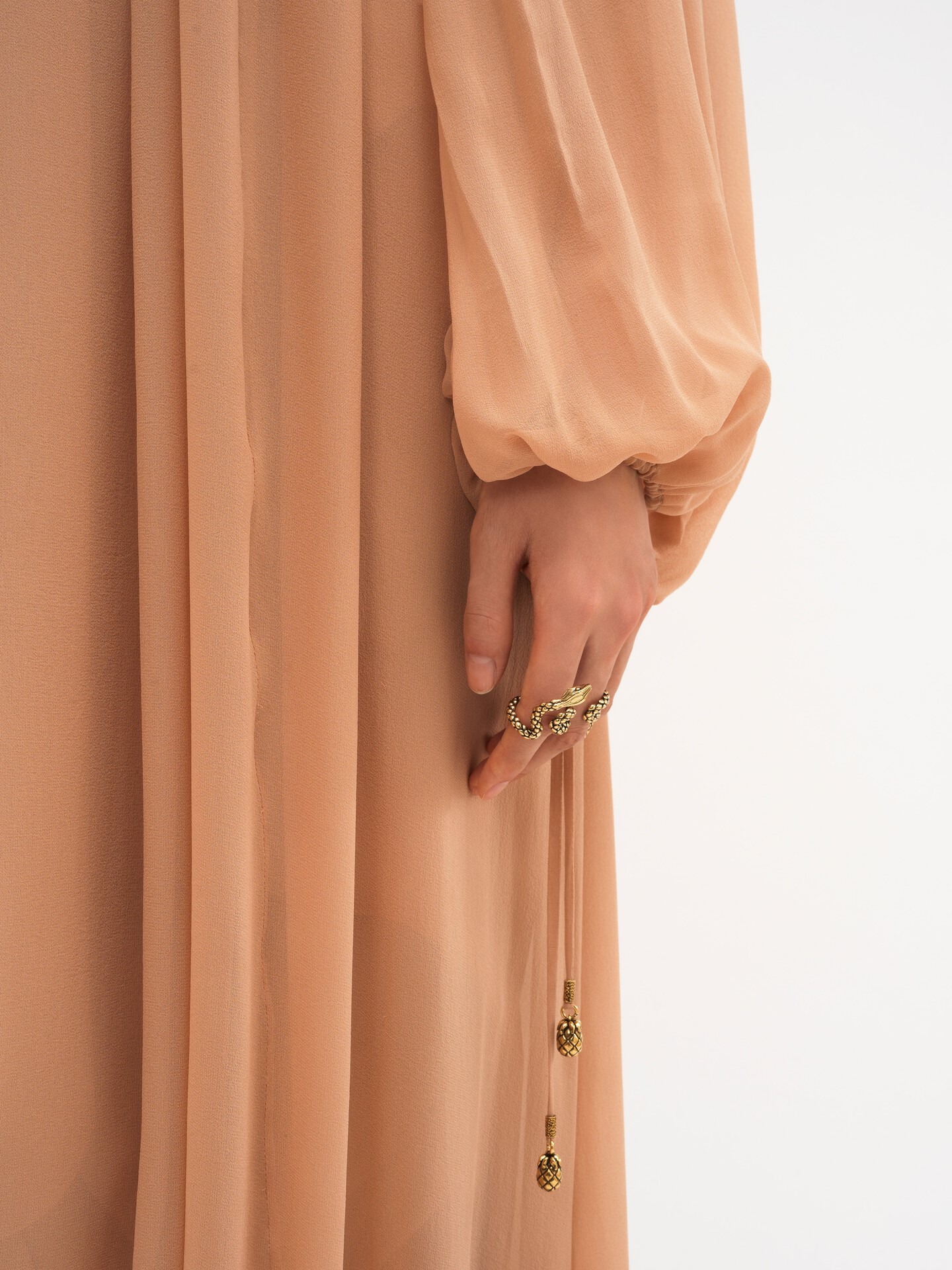 Mock-neck gathered long dress in silk georgette - 7