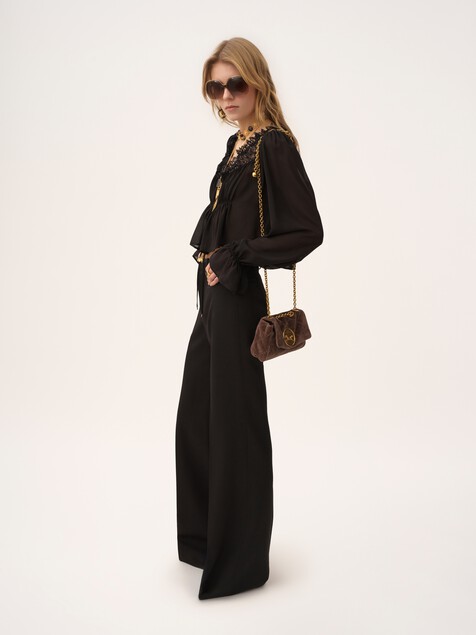 Scoop-neck cropped top in silk georgette & lace