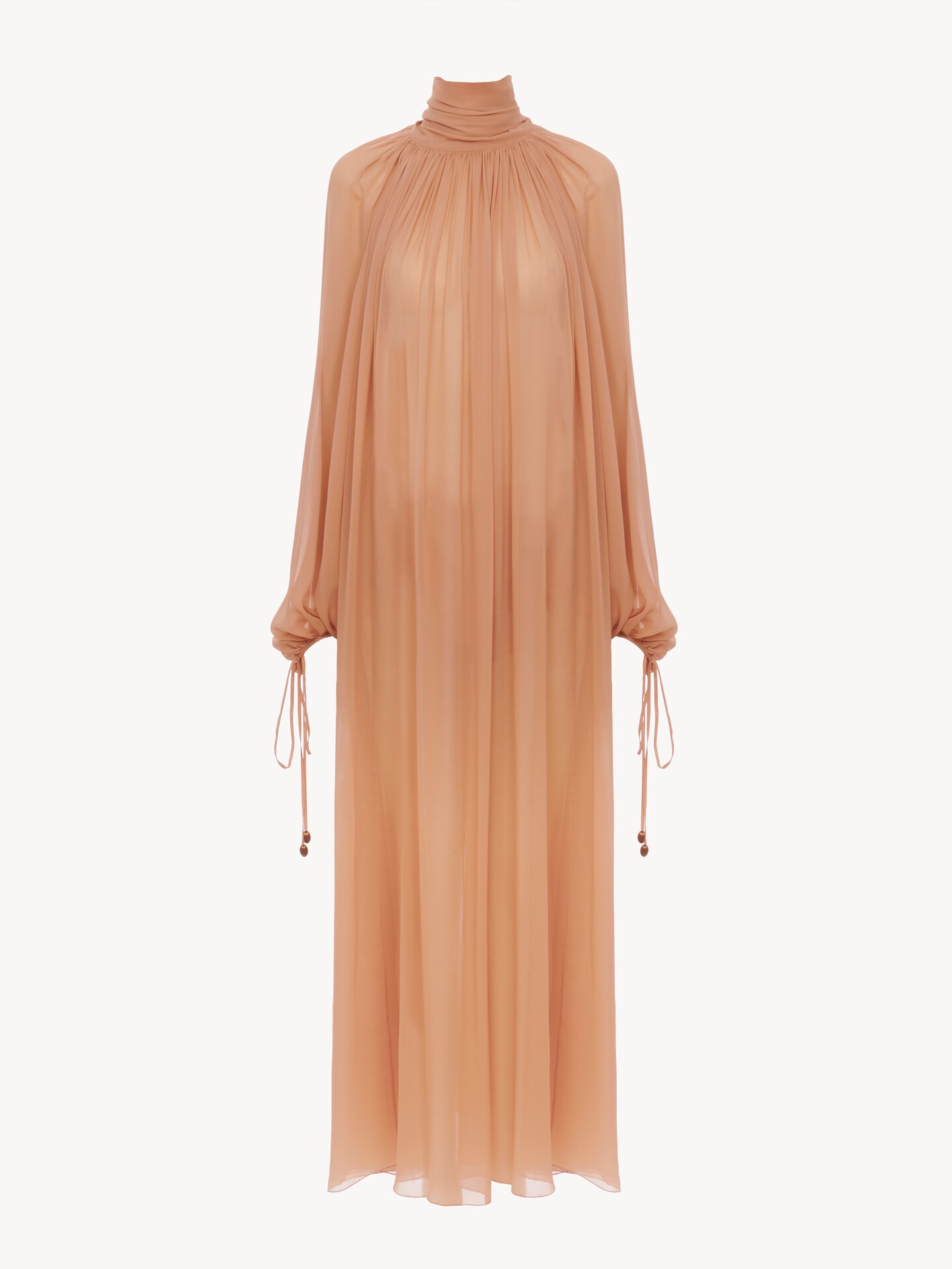 Mock-neck gathered long dress in silk georgette - 3