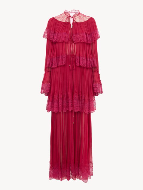 Long ruffled dress in silk mousseline & lace