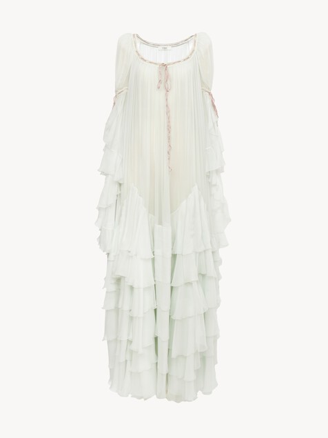 Oversized long ruffled dress in silk mousseline