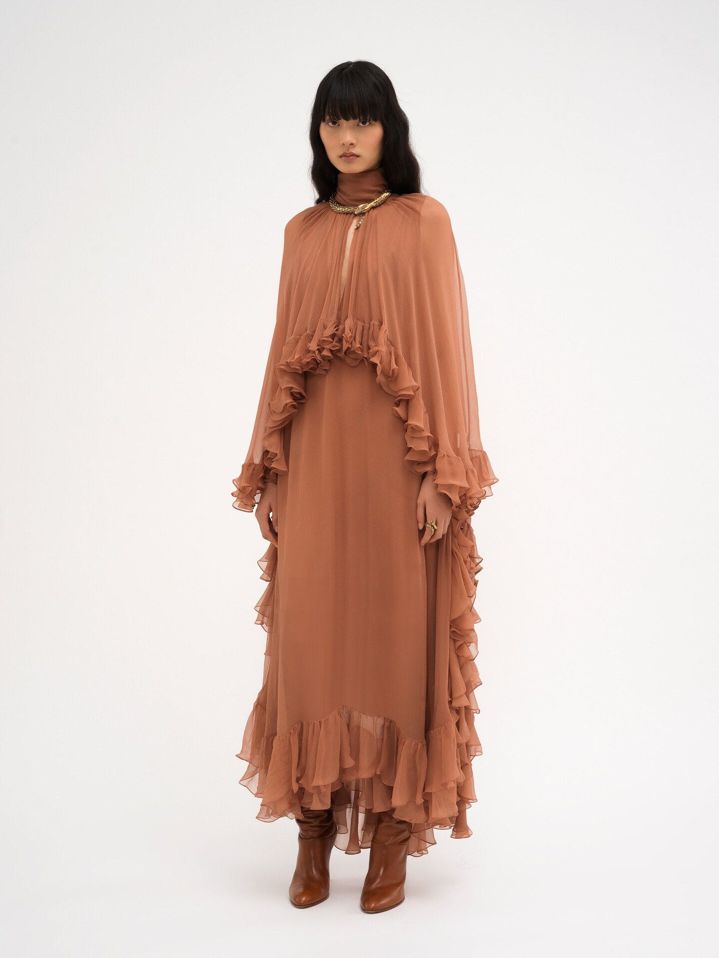 Mock-neck ruffle dress in silk mousseline - 2