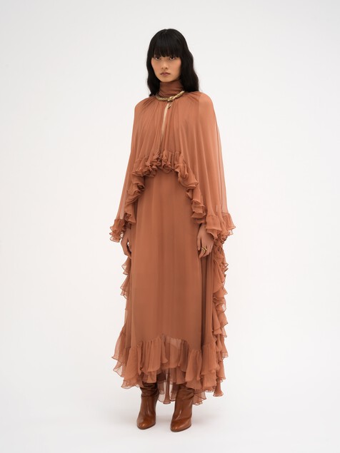 Mock-neck ruffle dress in silk mousseline