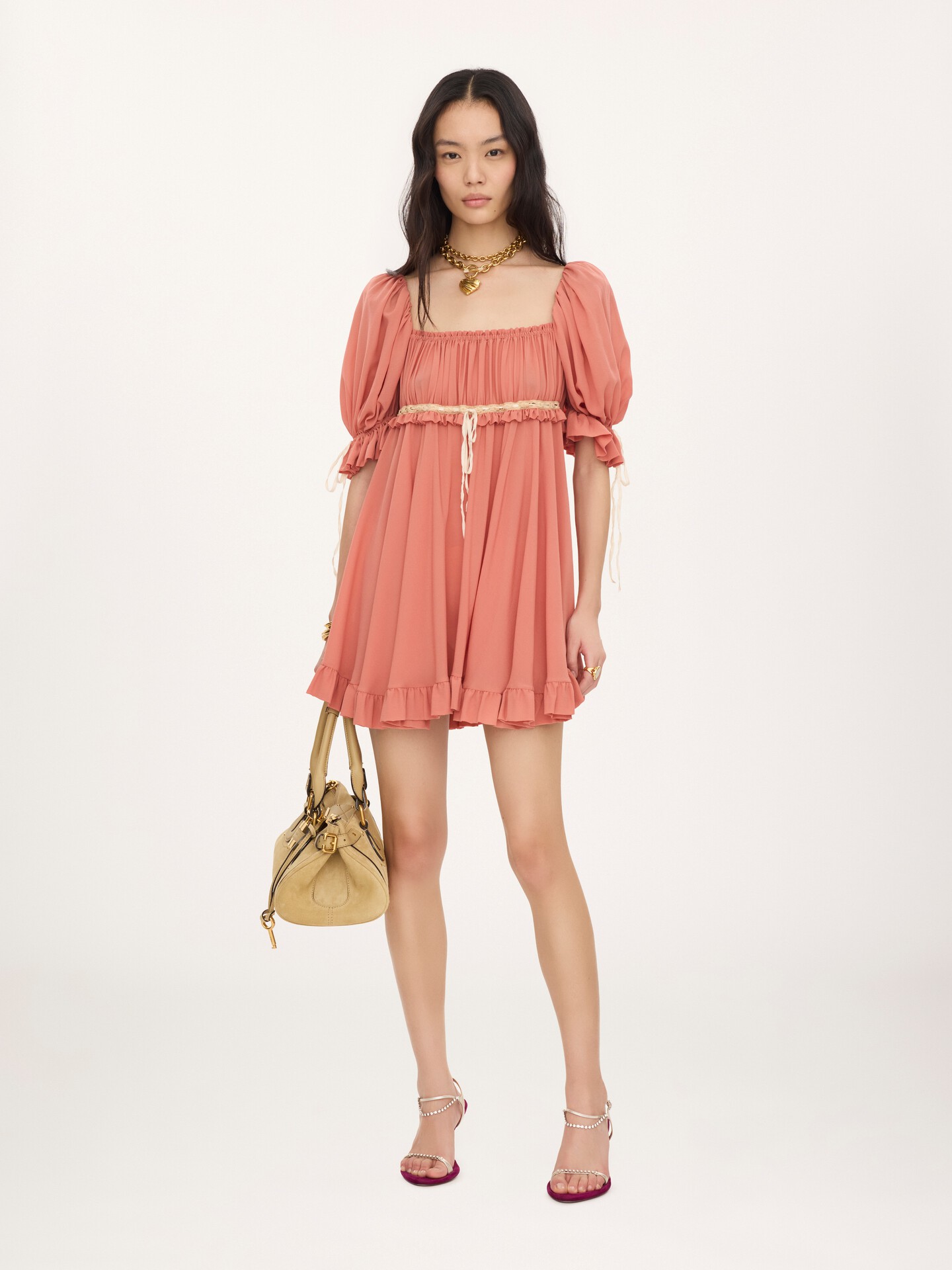 Puff-sleeve mini dress in silk georgette - 3