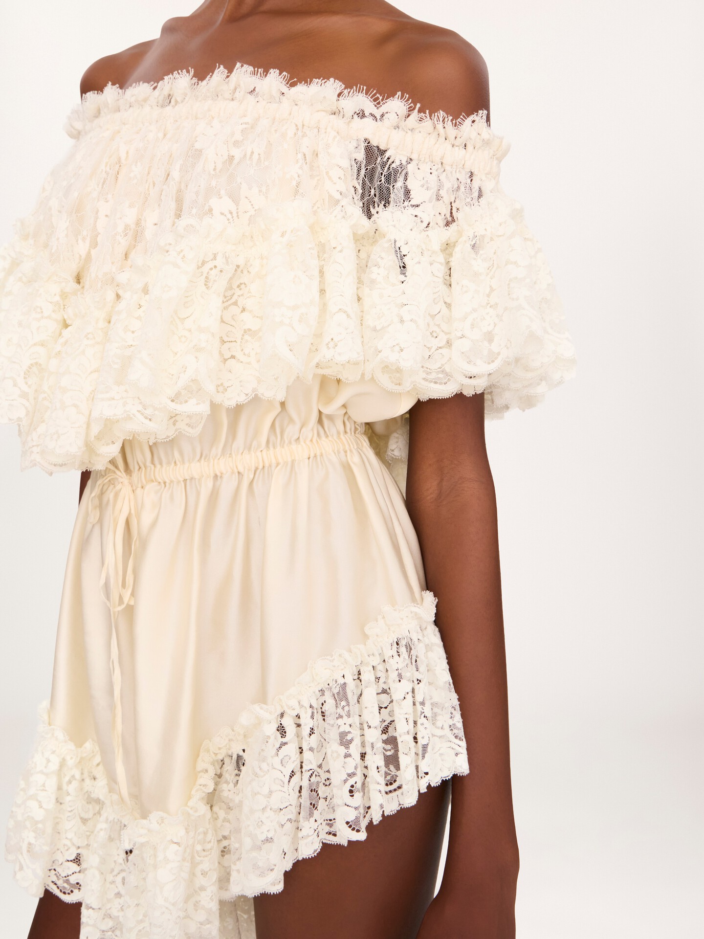 Mini off-the-shoulder playsuit in washed silk satin & lace - 4